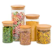 Kit 5 potes de vidro com tampa de bambu